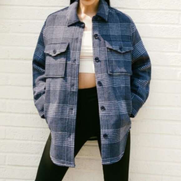 Reformation Giles Plaid Wool Shirt Jacket / Blue / M - Picture 12 of 16